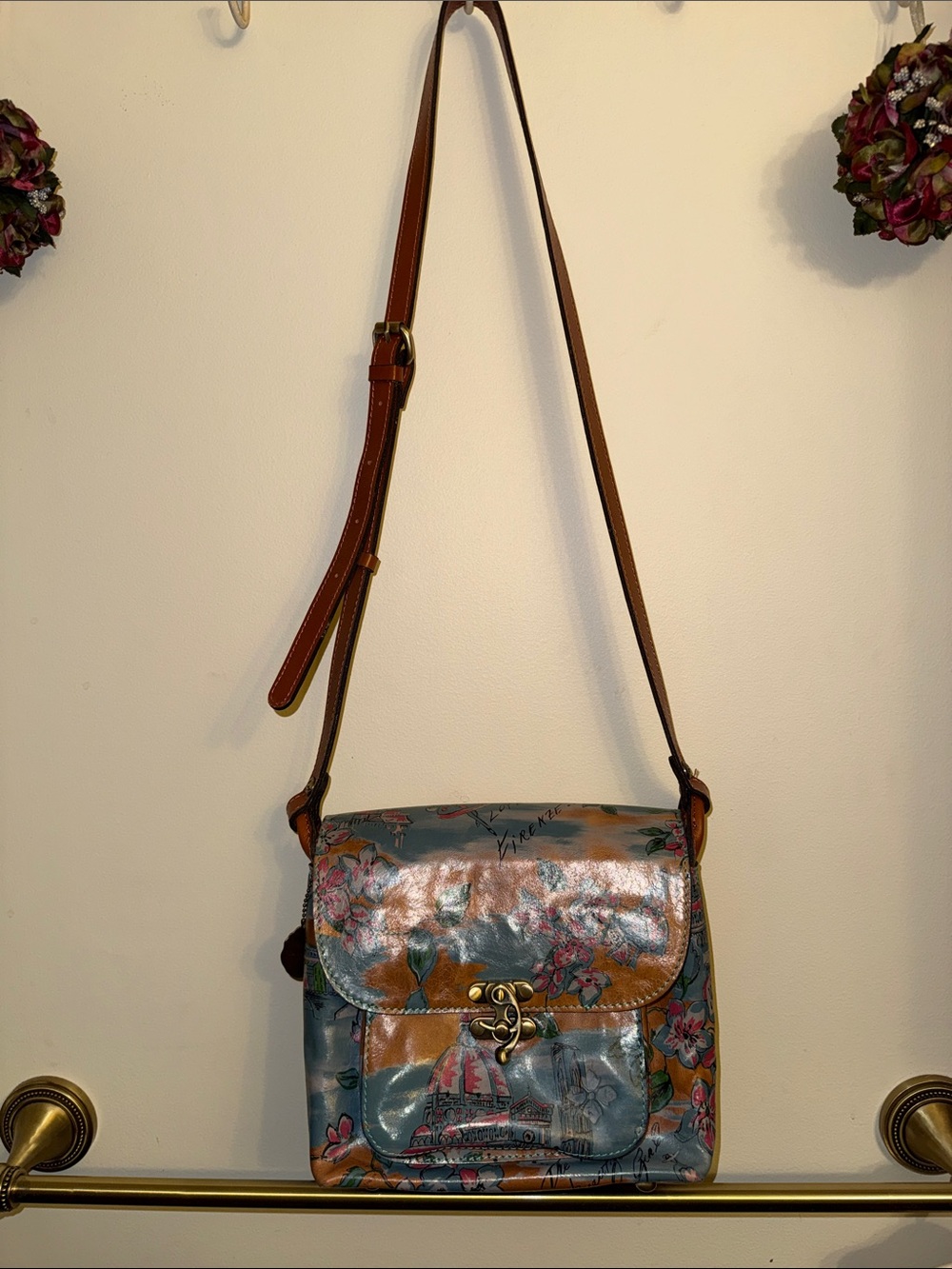 Patricia Nash Floral Printed Crossbody Shoulder Bag in Blue and Brown